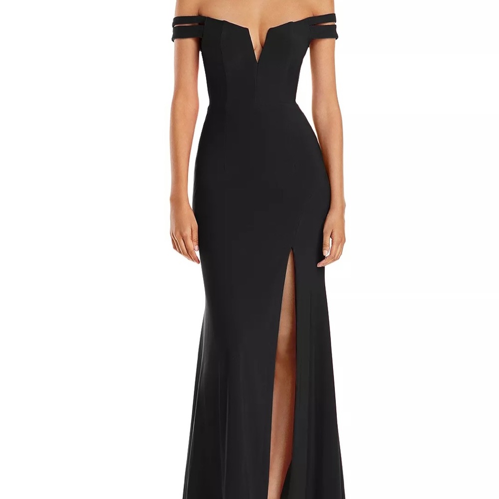 Aqua Off-Shoulder Black Gown with Front Slit